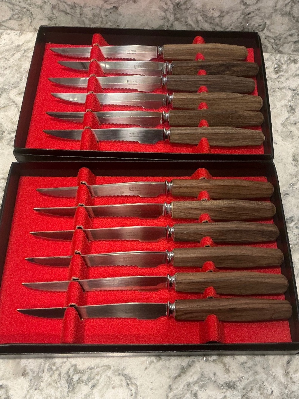 2 Vintage Boxes Hoffritz set of 6 wooden handle serrated steak knives 12 total